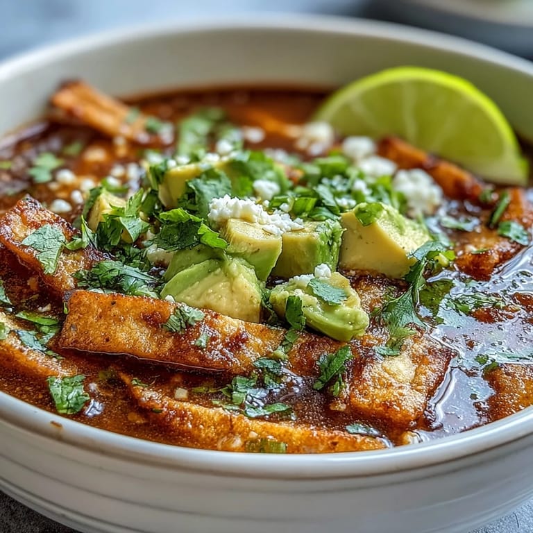 Sopa Azteca served steaming in a colorful bowl with golden tortilla strips and a swirl of crema on top.
