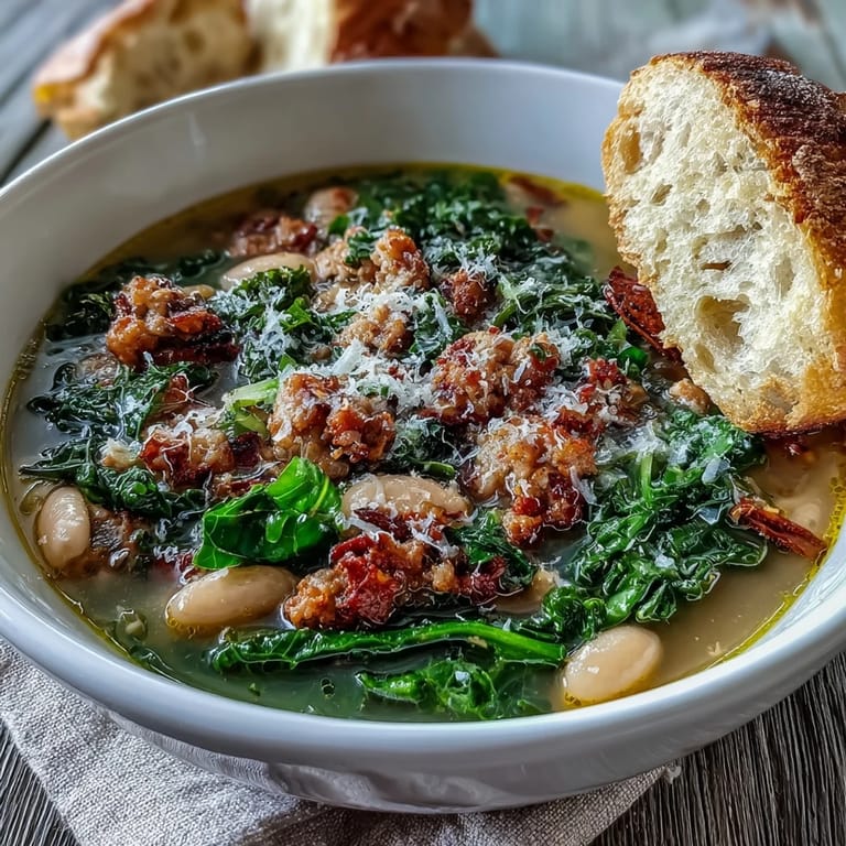 Serving suggestion for Italian White Bean Soup with Kale and Sausage with crusty bread and a spoon ready to eat.