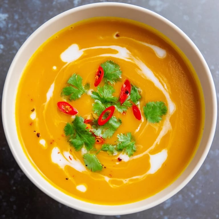 Vibrant orange Carrot, Celeriac, and Chilli Soup steaming in a white ceramic bowl, topped with fresh herbs and a chili slice.  