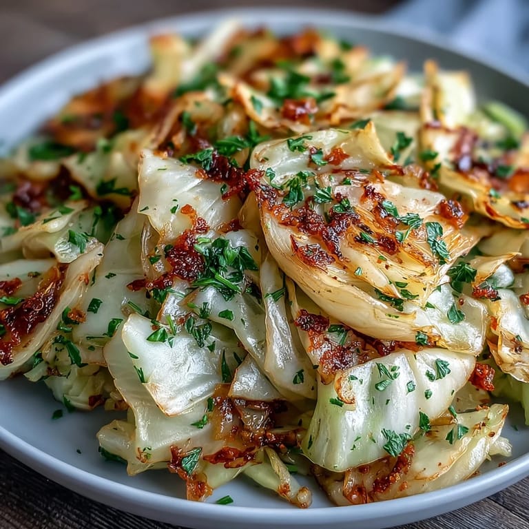 Sautéed cabbage with garlic and Mediterranean spices, caramelized in a skillet for a flavorful vegan side.