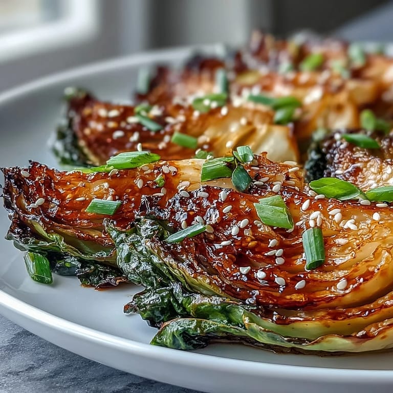 Roasted cabbage wedges glazed with sticky miso butter, served hot on a white ceramic platter.