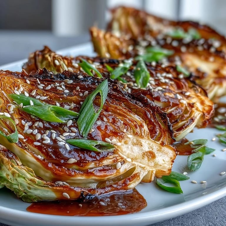 Crispy edged Miso Butter Roasted Cabbage Wedges garnished with sesame seeds and sliced green onions.