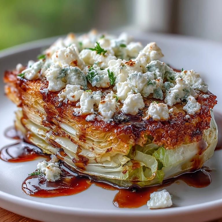 A Mediterranean-inspired platter of Crispy Cabbage Steaks With Feta and Balsamic, golden and crisp with melted cheese ready to serve for dinner.