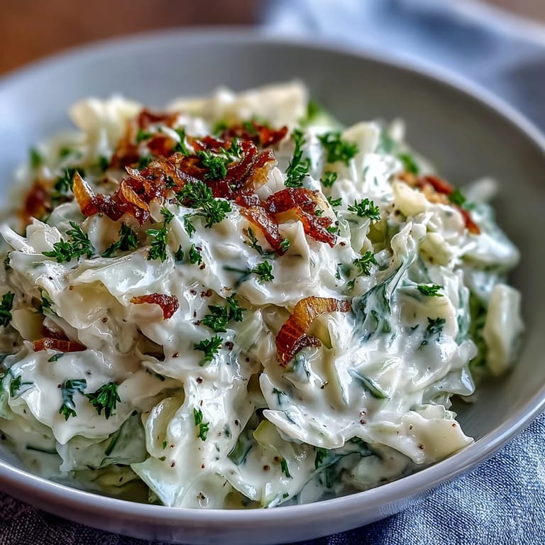 Golden Creamed Cabbage served steaming from the pan, nutmeg-scented, ready for dinner.