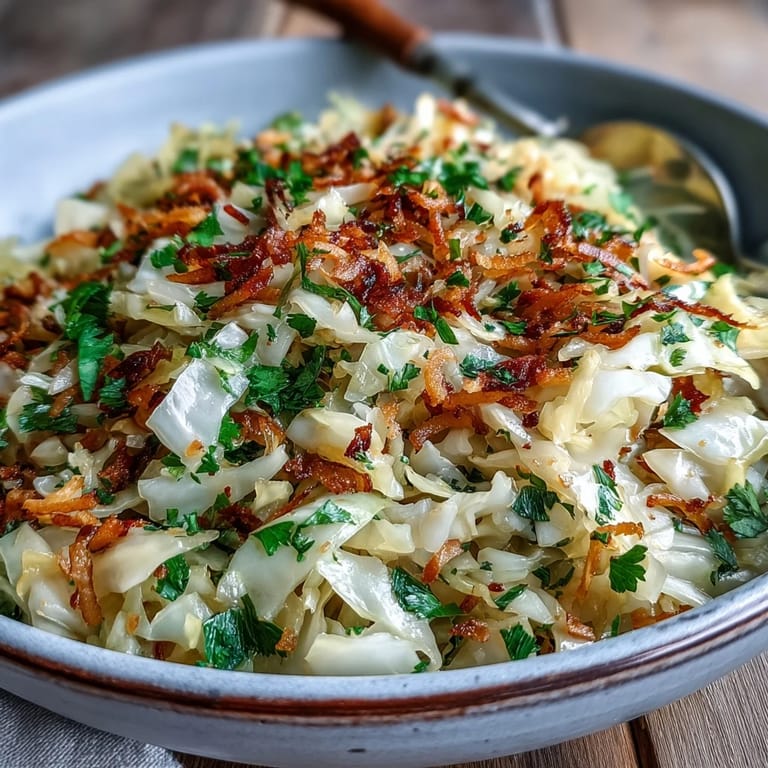 Freshly chopped cilantro garnish highlights tender slices of Coconut Braised Cabbage with toasted coconut flakes alongside fluffy rice.