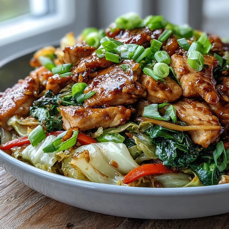 Close-up shot of tender slices of Chicken Cabbage Stir-Fry, highlighting the juicy chicken and shredded green cabbage in a rich, glossy sauce.