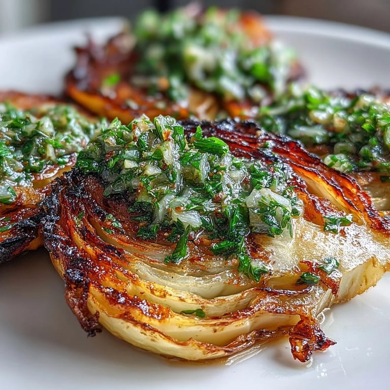 Thick golden cabbage steaks with jalapeño chimichurri, fork-tender and caramelized, plated with fresh parsley and vibrant green sauce.