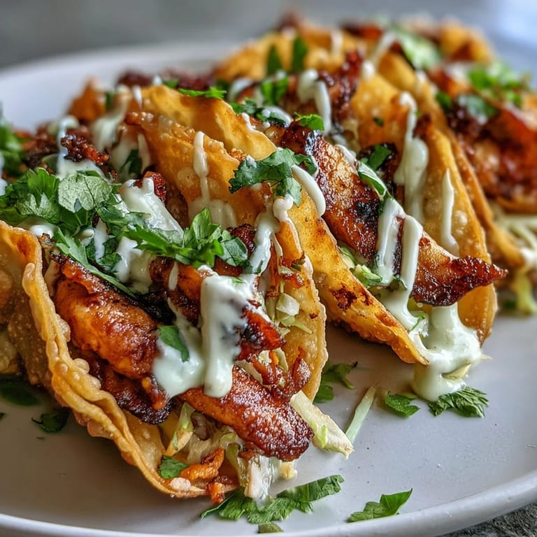 Platter of Crispy Chicken Wonton Tacos garnished with cilantro and lime wedges for squeezing.