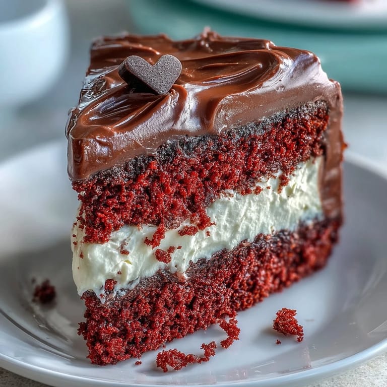 Freshly baked Red Betty Boop Heart Cake shows soft, fluffy red crumb layers piped with cream cheese frosting and glossy dark chocolate detailing.