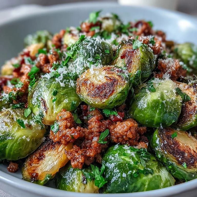 Close-up of Brussels Sprouts & Ground Turkey Skillet, showcasing tender greens and juicy turkey over a rustic surface.