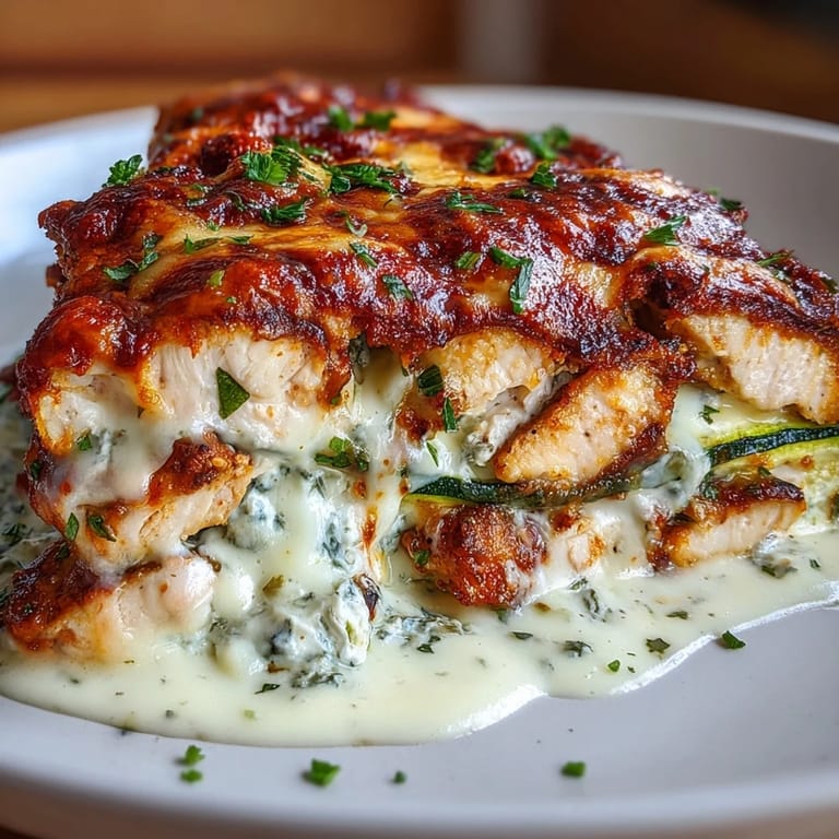 A slice of the High Protein Chicken Zizzle Bake rests on a plate with a fresh garden salad.