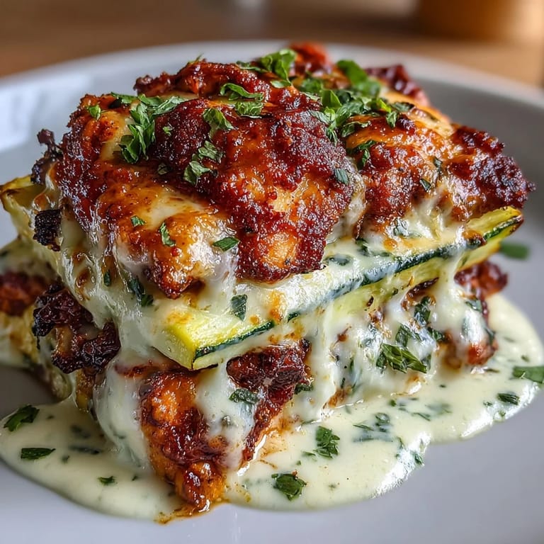 Inside a ceramic dish, layers of seared chicken, zucchini ribbons, and creamy Greek yogurt blend hold their shape.