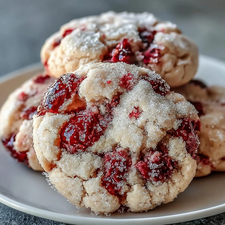 Warm soft chewy raspberry sugar cookies are displayed on a wire rack, ready to serve with tea.