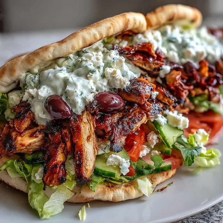 Sizzling Mediterranean chicken gyros with creamy feta tzatziki, crisp lettuce, tomatoes, and Kalamata olives served on pita bread.