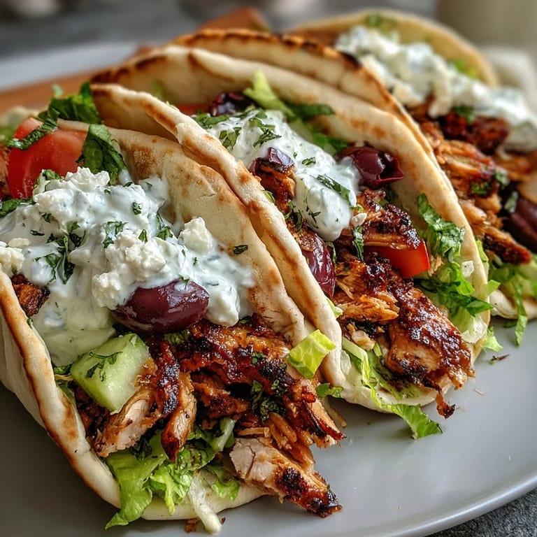 A vibrant Mediterranean chicken gyros platter with creamy feta tzatziki, olives, and fresh herbs for a family dinner.