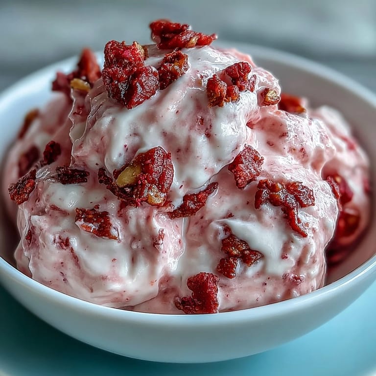 Close-up of handmade Strawberry & Banana Yoghurt Clusters revealing honey-drizzled Greek yogurt, rose-colored strawberry streaks, and plenty of freeze-dried banana chip texture.