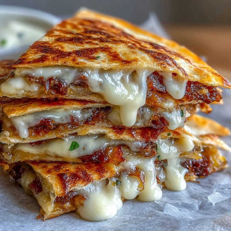 Thick wedge of Cheesy Griddled Smashburger Quesadillas with melted cheese, onions, and a tangy mayo-mustard drizzle.