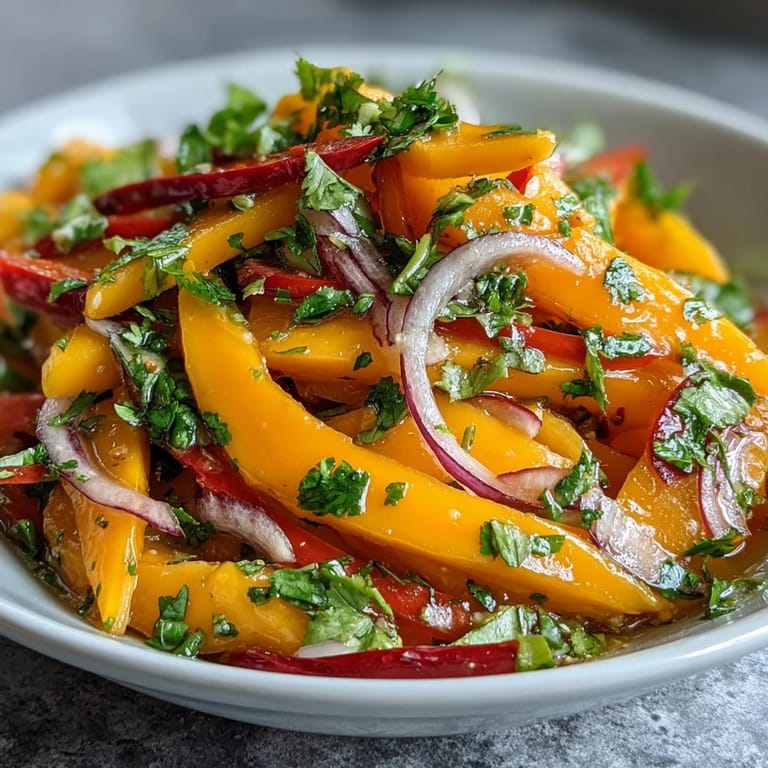 Perfectly ripe mango fans and crunchy veggies rest in a tangy lime-honey vinaigrette, flecked with fresh cilantro and red chili slices. 