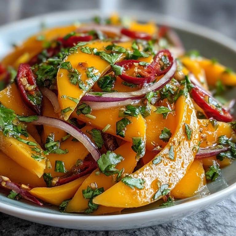 Fresh mango salad in a rustic ceramic bowl features red onion, bell pepper, and cucumber, drizzled with citrusy dressing and cilantro.