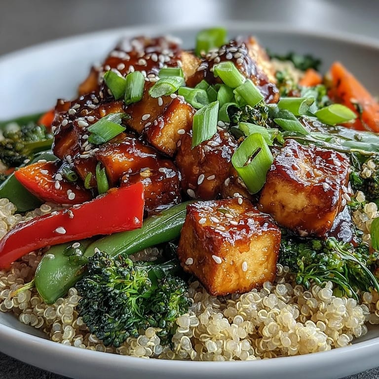 A nutritious vegan quinoa vegetable teriyaki bowl garnished with green onions and sesame seeds, served as a wholesome weeknight dinner.