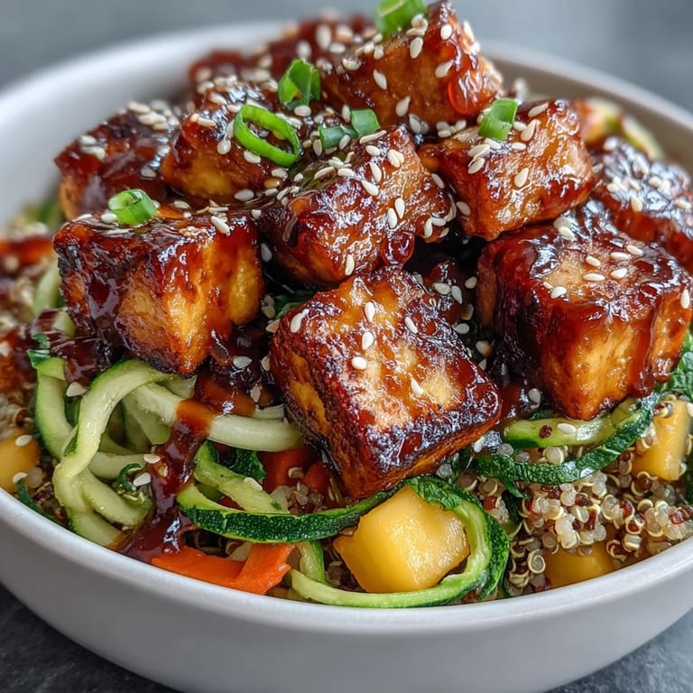 Savory chicken cubes sit atop a bed of fluffy quinoa, surrounded by colorful spiralized vegetables, fresh mango, and sesame seeds in a white bowl.