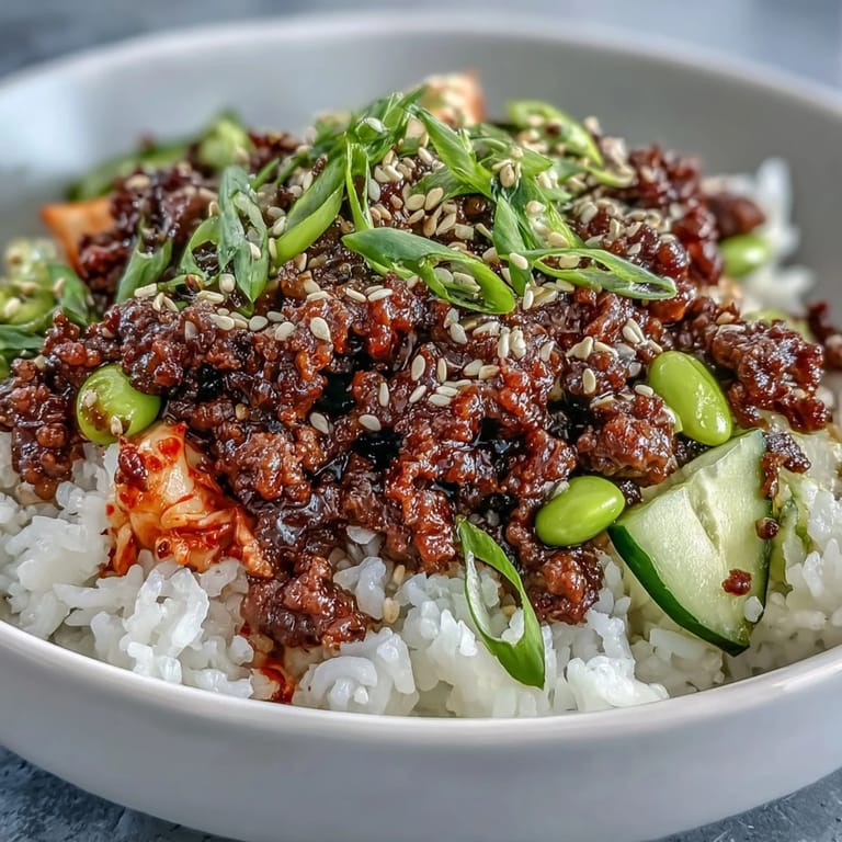 Sizzling Korean Ground Beef Bowl served in a white bowl with colorful vegetables and a spoon ready to eat