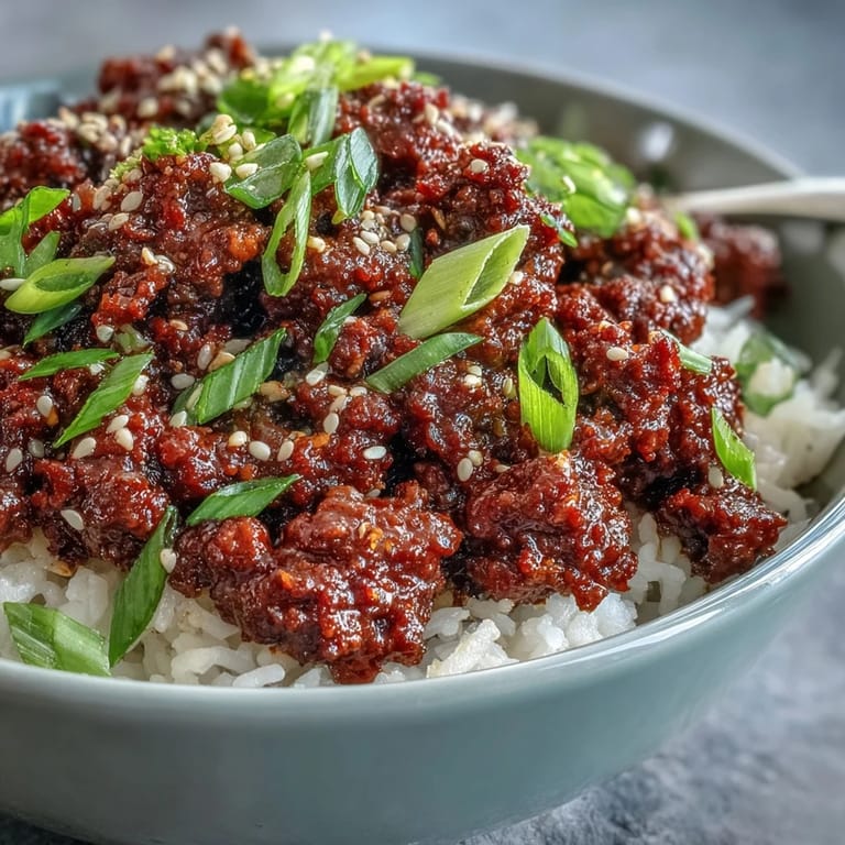 Savory Easy Korean Beef Bowl topped with sesame seeds and green onions, paired with cauliflower rice for a low carb weeknight dinner option.