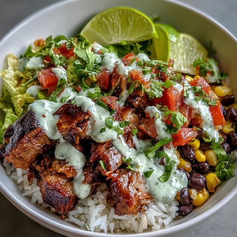 Close-up of a Carnitas Burrito Bowl with tender shredded carnitas, cilantro, diced tomatoes, and a drizzle of tangy lime crema.