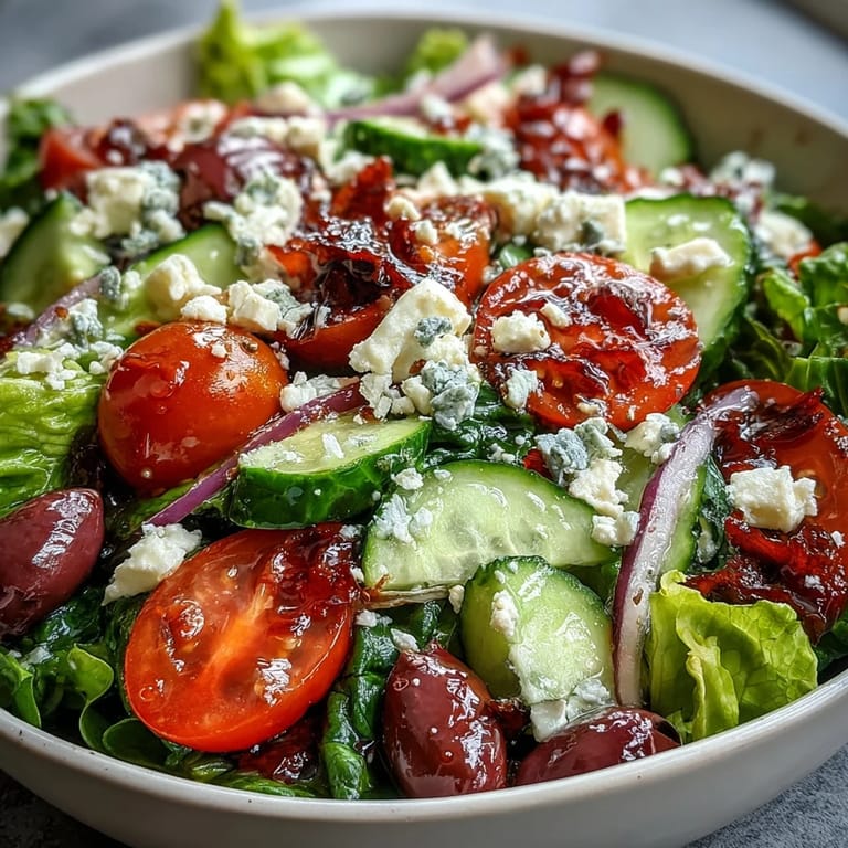 Freshly tossed Greek Salad Bowl featuring juicy tomatoes, crunchy cucumbers, and tangy red onion drizzled with homemade vinaigrette.