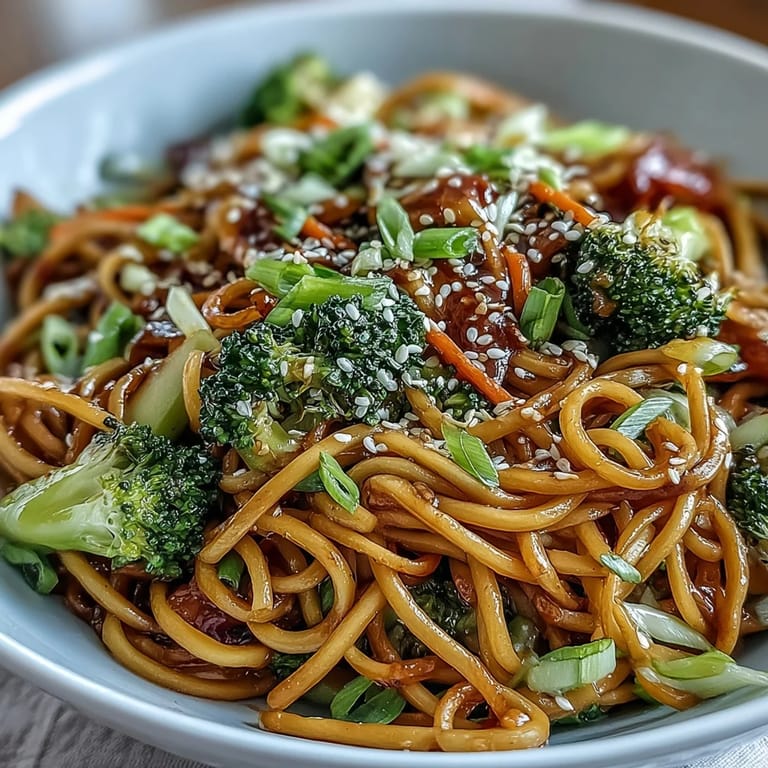 Close-up of Asian Teriyaki Noodle Bowl with glistening sauce and crisp vegetables.