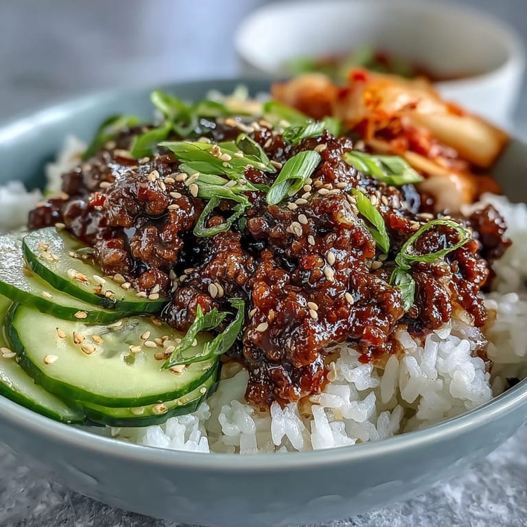 Overhead view of a Korean Beef Bowl with fluffy white rice, seasoned ground beef, and vibrant toppings including sliced radish and kimchi.