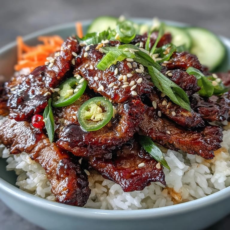 A served Korean Beef Power Bowl with vibrant carrots, green onions, and rich sriracha mayo drizzle, ready to eat.