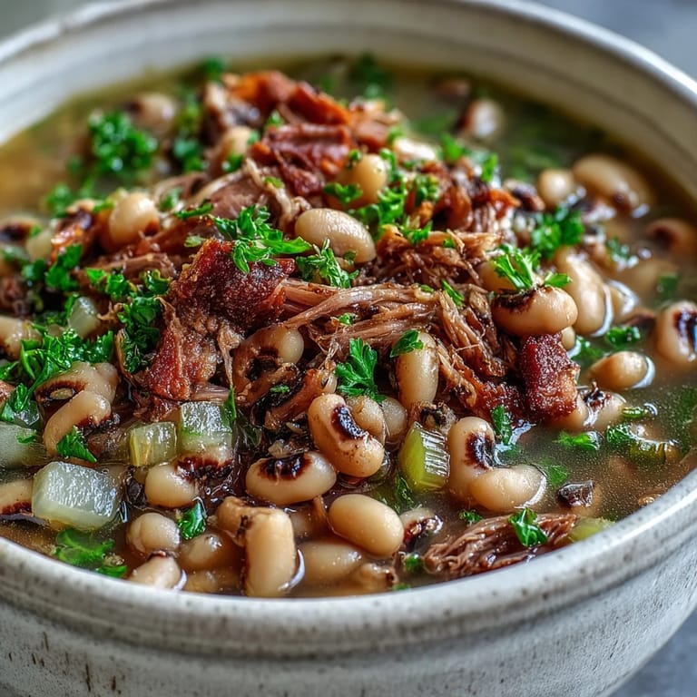 Classic New Years Black-Eyed Peas served Southern-style with cornbread and hot sauce, promising luck for the new year.