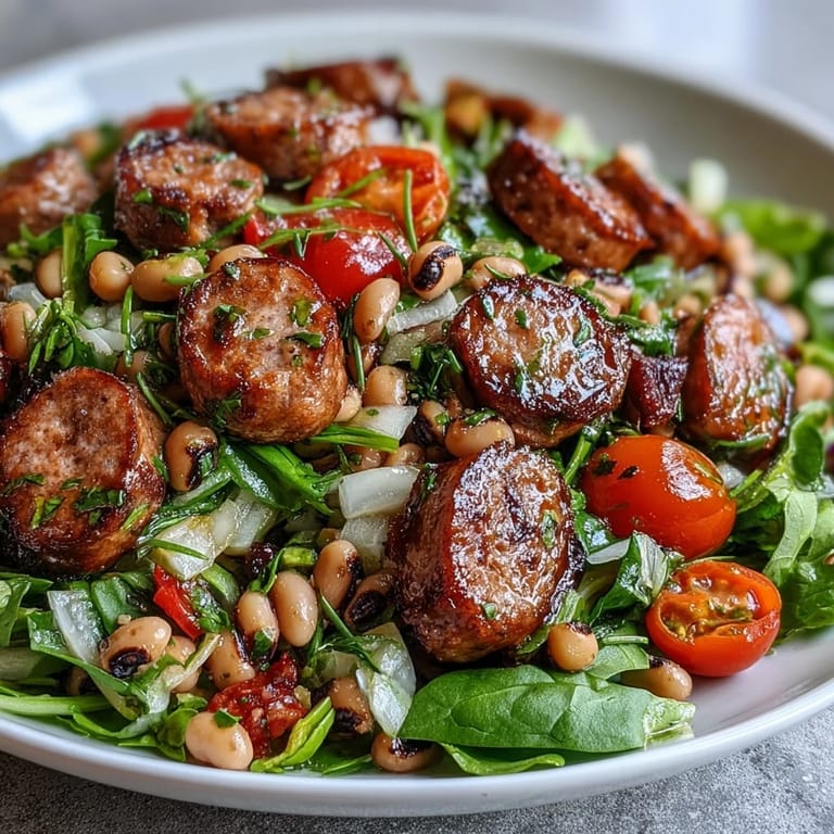 Plated Hoppin' John Style Black-Eyed Pea Salad showcases the colorful mustard dressing drizzled over fresh greens and hearty, savory sausage.