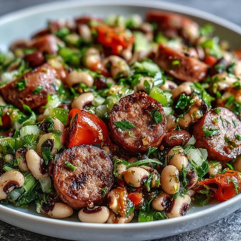 Sliced turkey sausage and black-eyed peas are tossed with diced red bell pepper and red onion in a mustard-tarragon vinaigrette.