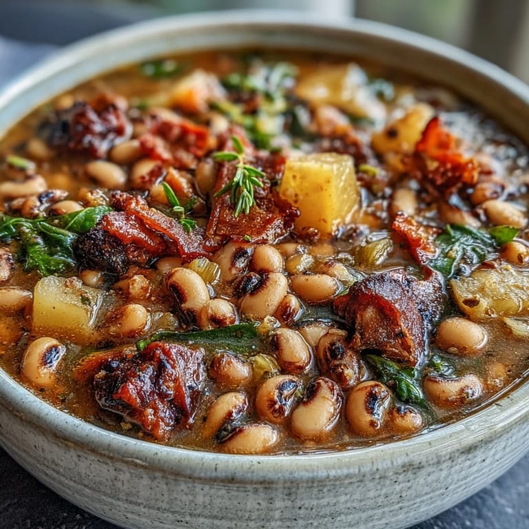 Southern-style Black-Eyed Pea Stew with Smoked Ham Hocks served in a rustic bowl, garnished with fresh parsley and a drizzle of hot sauce.
