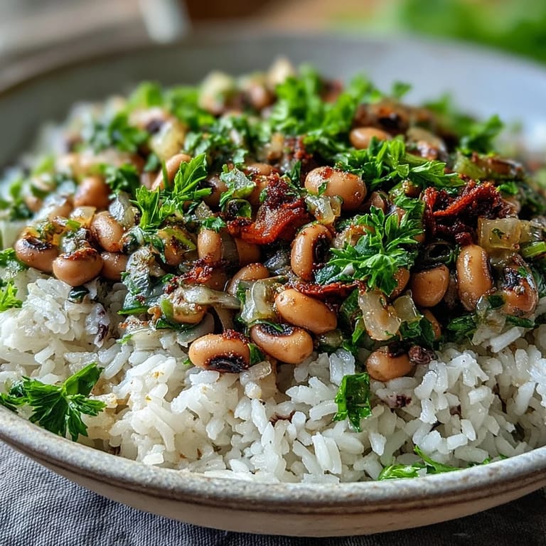 Savory Vegetarian Hoppin John simmered with smoked paprika, bell pepper, and celery in a rustic pot.