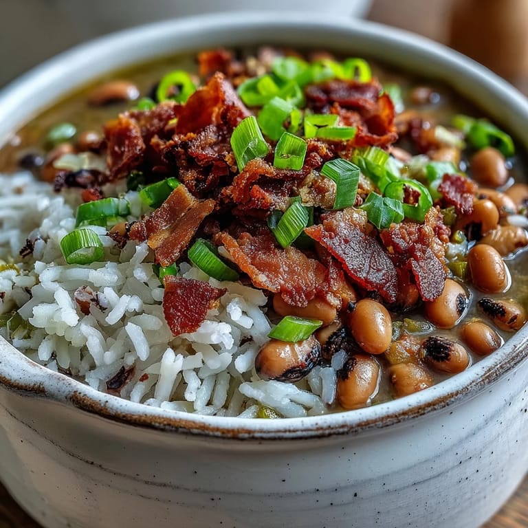 Southern Hoppin John with tender black-eyed peas simmered in smoky broth, garnished with spicy hot sauce and herbs.