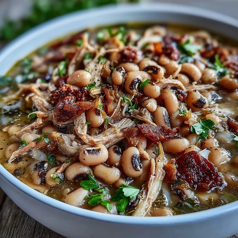 Tender black-eyed peas and shredded smoked turkey leg in a savory slow-cooked broth.
