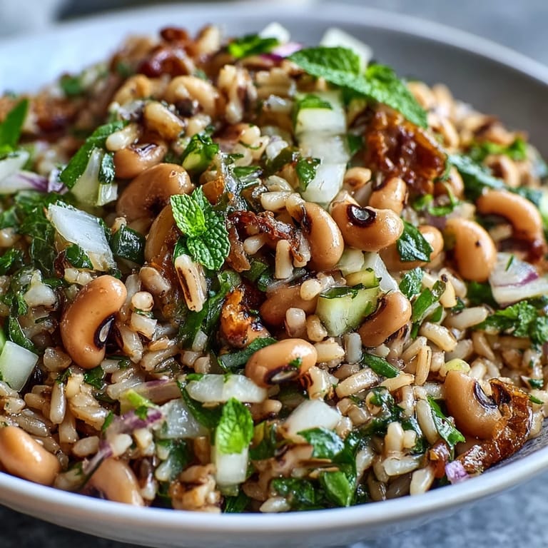 Close-up of Southern Black Eyed Pea Salad showing glistening vinaigrette and chopped mint, an easy vegetarian recipe perfect for potlucks and healthy lunches.