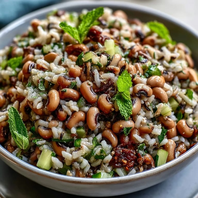 A hearty bowl of Southern Black Eyed Pea Salad with brown rice and celery, ready to serve chilled at a backyard barbecue or picnic.
