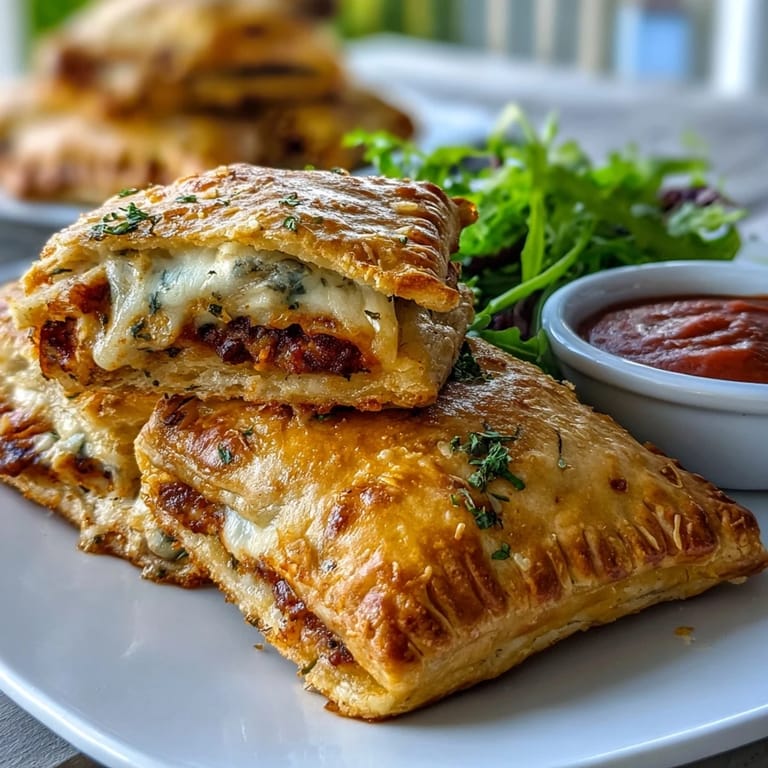 Freshly baked High Protein Pizza Hot Pockets lined on a baking sheet, their edges fork-sealed and golden brown, steam gently rising.