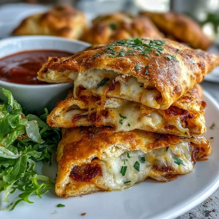 Six golden High Protein Pizza Hot Pockets rest on a wooden board, some sliced open to reveal melty mozzarella and zesty red sauce.