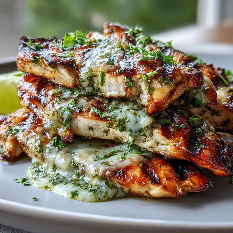 Summer platter of Grilled Salsa Verde Pepper Jack Chicken, melted pepper Jack cheese over juicy grilled breasts, ready to serve.