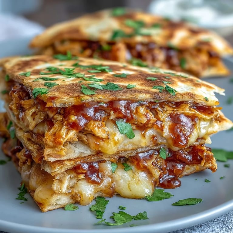 Fresh cilantro and guacamole garnish these golden Hot Honey BBQ Chicken Quesadillas, making them a delicious Tex-Mex dinner or appetizer.