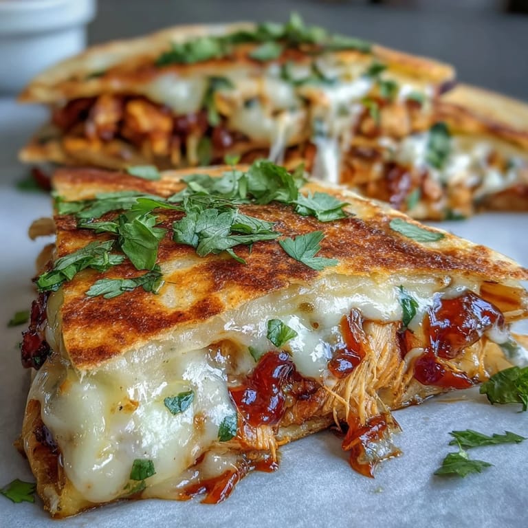 Perfectly melted cheese pulls from these Hot Honey BBQ Chicken Quesadillas, showcasing tender shredded chicken and sautéed peppers inside.