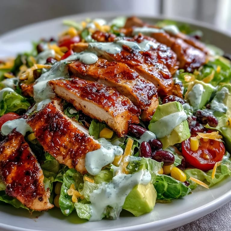 Overhead view of vibrant High Protein Southwest Chicken Salad with juicy grilled chicken, colorful veggies, and Greek yogurt dressing for a healthy meal.