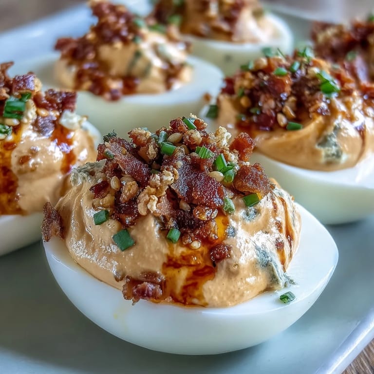 Creamy Spicy Chili Garlic Deviled Eggs served on a platter with tangy, bold flavors.