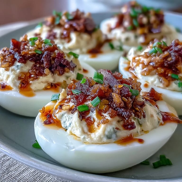 Golden deviled egg halves filled with creamy yolk and drizzled with spicy garlic oil.