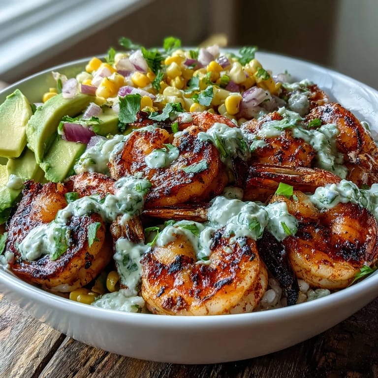 Overhead view of a complete Grilled Shrimp Bowl with Avocado, Corn Salsa & Creamy Garlic Sauce. Fresh lime wedges and a fork rest beside the vibrant, colorful meal perfect for weeknight dinners.